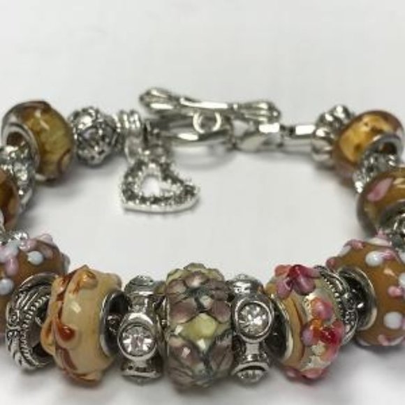 European Style Charm Bracelet with Murano Glass Beads, Toggle Clasp+Stopper,7.9" - Picture 2 of 13